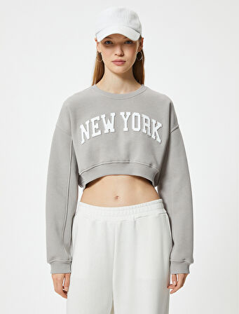 Crop Oversize Sweatshirt Kolej Baskılı Bisiklet Yaka