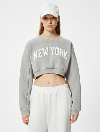 Crop Oversize Sweatshirt Kolej Baskılı Bisiklet Yaka