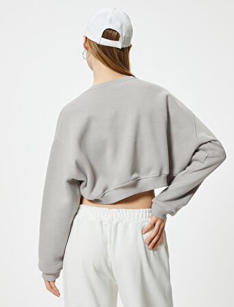 Crop Oversize Sweatshirt Kolej Baskılı Bisiklet Yaka