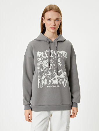 Slogan Baskılı Kapşonlu Sweatshirt Relax Fit Şardonlu