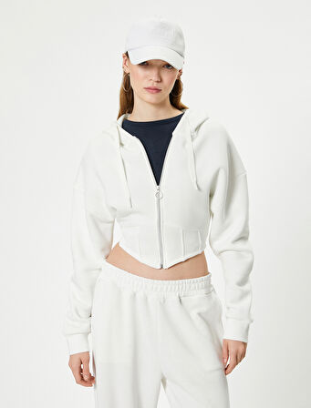 Crop Kapşonlu Sweatshirt Fermuarlı Asimetrik Kesim Üç İplik Şardonlu Slim Fit
