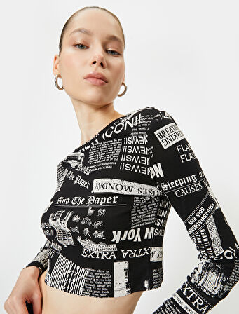 Uzun Kollu Baskılı Crop Tişört Bisiklet Yaka Slim Fit