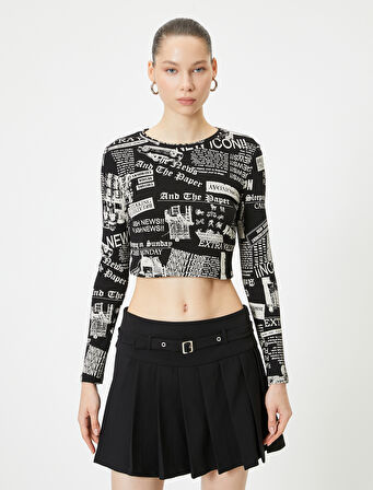 Uzun Kollu Baskılı Crop Tişört Bisiklet Yaka Slim Fit