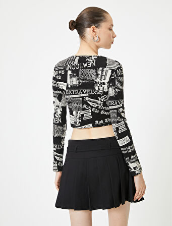 Uzun Kollu Baskılı Crop Tişört Bisiklet Yaka Slim Fit