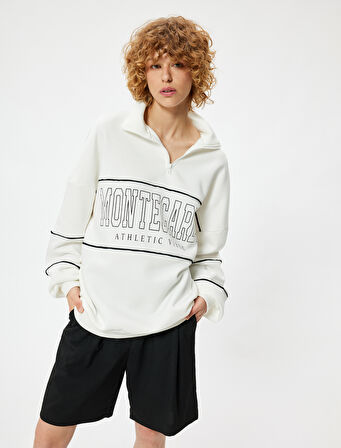 Oversize Sweatshirt Yarım Fermuarlı Kolej Baskılı Şardonlu