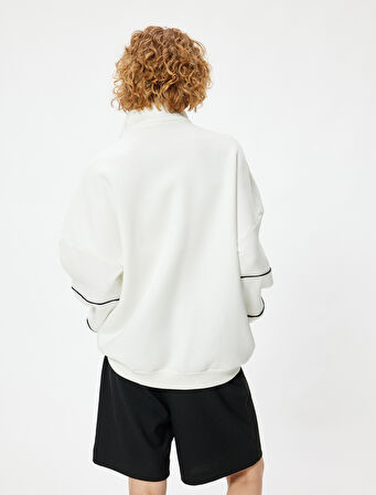 Oversize Sweatshirt Yarım Fermuarlı Kolej Baskılı Şardonlu