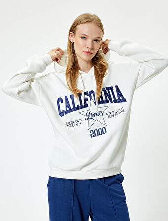 Oversize Kapüşonlu Sweatshirt Kolej İşlemeli Uzun Kollu Şardonlu