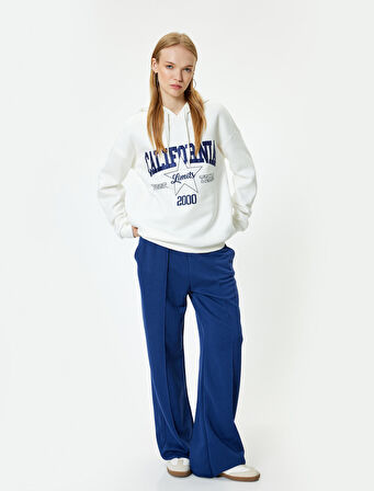 Oversize Kapüşonlu Sweatshirt Kolej İşlemeli Uzun Kollu Şardonlu