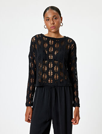 Ajurlu Tişört Uzun Kollu Bisiklet Yaka