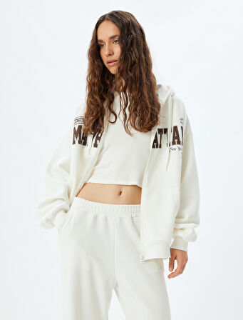Oversize Sweatshirt Fermuarlı Kapüşonlu Arkası Baskılı Cep Detaylı