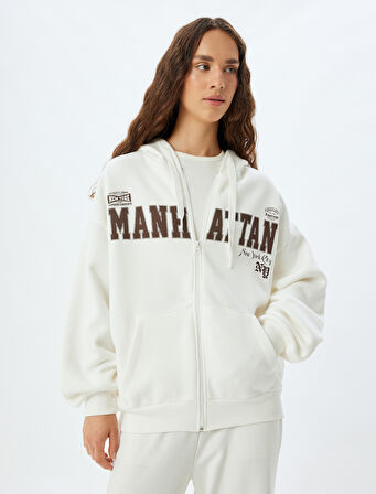 Oversize Sweatshirt Fermuarlı Kapüşonlu Arkası Baskılı Cep Detaylı