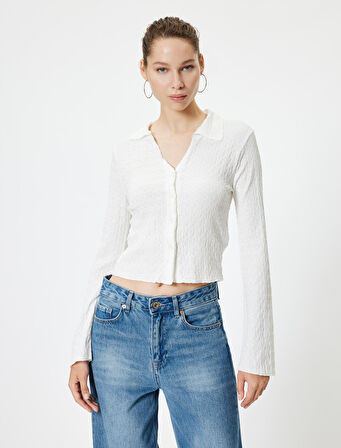 Uzun Kollu Tişört Düğmeli Gömlek Yaka Dokulu Düğmeli Çan Kol Slim Fit