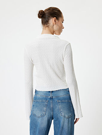 Uzun Kollu Tişört Düğmeli Gömlek Yaka Dokulu Düğmeli Çan Kol Slim Fit