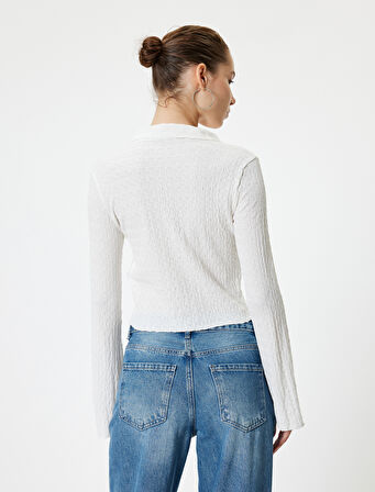 Uzun Kollu Tişört Düğmeli Gömlek Yaka Dokulu Düğmeli Çan Kol Slim Fit