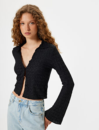 Uzun Kollu Tişört Düğmeli Gömlek Yaka Dokulu Düğmeli Çan Kol Slim Fit