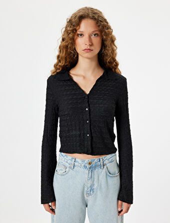 Uzun Kollu Dokulu Düğmeli Gömlek Yaka Tişört