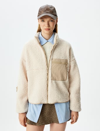 Fermuarlı Dik Yaka Cep Detaylı Rahat Kalıp Peluş Sweatshirt