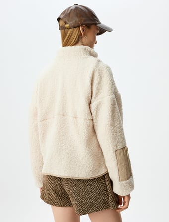 Fermuarlı Dik Yaka Cep Detaylı Rahat Kalıp Peluş Sweatshirt