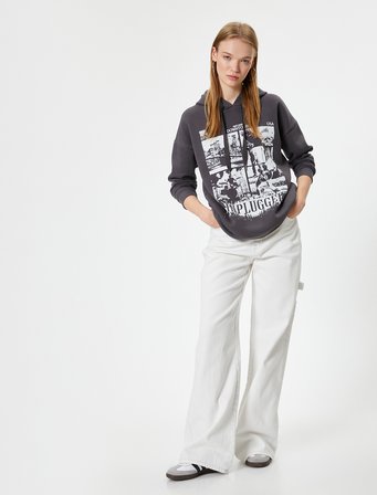 Slogan Baskılı Sweatshirt Kapüşonlu Relax Fit