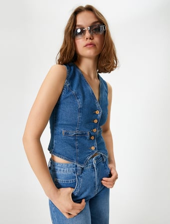 Kolsuz Düğmeli V Yaka Denim Yelek - Slim Fit