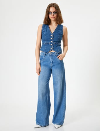 Kolsuz Düğmeli V Yaka Denim Yelek - Slim Fit