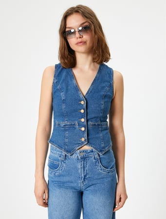 Kolsuz Düğmeli V Yaka Denim Yelek - Slim Fit