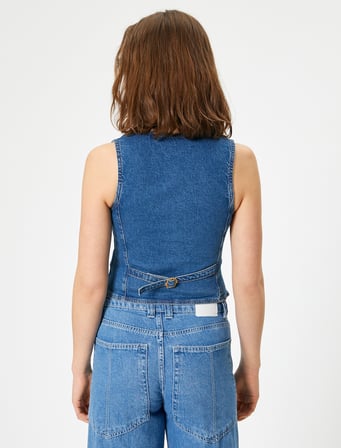 Kolsuz Düğmeli V Yaka Denim Yelek - Slim Fit