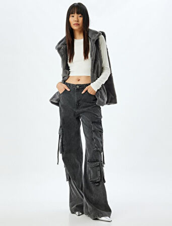 Suni Kürk Yelek Kapüşonlu Çıtçıt Düğmeli Cep Detaylı