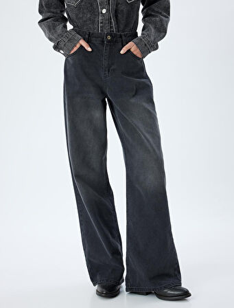 Bol Kot Pantolon Standart Bel Düğmeli Yıkamalı - Loose Straight Fit Jean