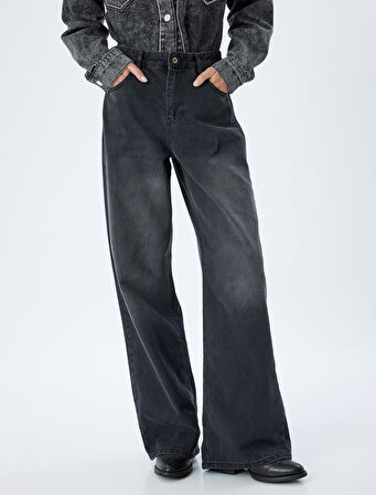 Bol Kot Pantolon Standart Bel Düğmeli Yıkamalı - Loose Straight Fit Jean