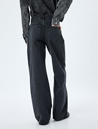 Bol Kot Pantolon Standart Bel Düğmeli Yıkamalı - Loose Straight Fit Jean