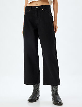 Geniş Paça Crop Kot Pantolon Düğmeli Rahat Kalıp Standart Bel - Wide Crop Leg Jean