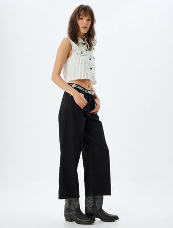 Geniş Paça Crop Kot Pantolon Düğmeli Rahat Kalıp Standart Bel - Wide Crop Leg Jean