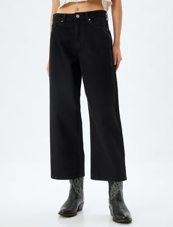 Geniş Paça Crop Kot Pantolon Düğmeli Rahat Kalıp Standart Bel - Wide Crop Leg Jean