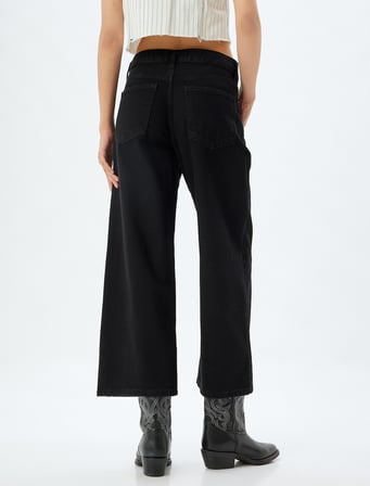 Geniş Paça Crop Kot Pantolon Düğmeli Rahat Kalıp Standart Bel - Wide Crop Leg Jean