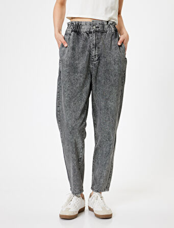 Baggy Kot Pantolon Yüksek Bel Bol Kalıp Beli Lastikli Düz Paça - Baggy Jeans