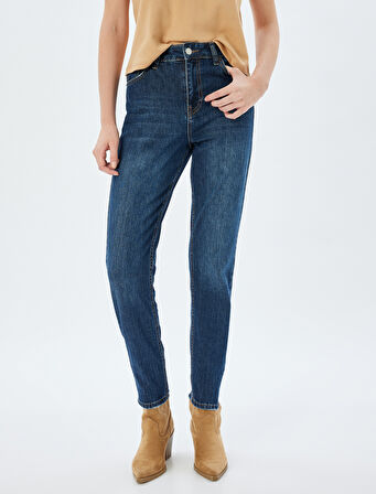 Yüksek Bel Kot Pantolon Düz Paça Düğmeli Cepli Pamuklu - Slim Straight Fit Jeans