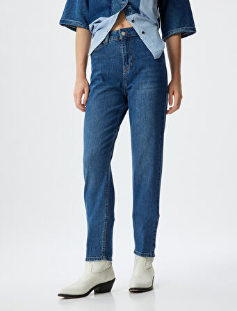 Yüksek Bel Kot Pantolon Düz Paça Düğmeli Cepli Pamuklu - Slim Straight Fit Jeans