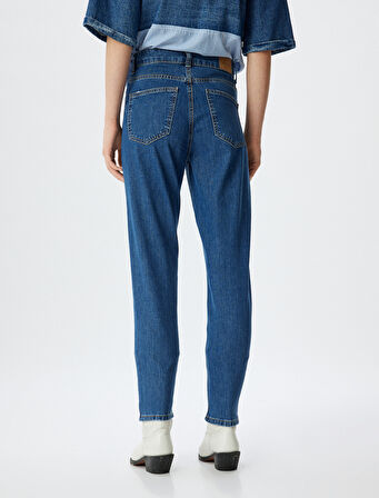 Yüksek Bel Kot Pantolon Düz Paça Düğmeli Cepli Pamuklu - Slim Straight Fit Jeans