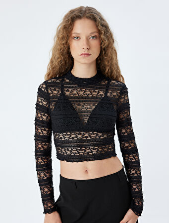 Dantel Crop Bluz Dik Yaka Uzun Kollu Slim Fit