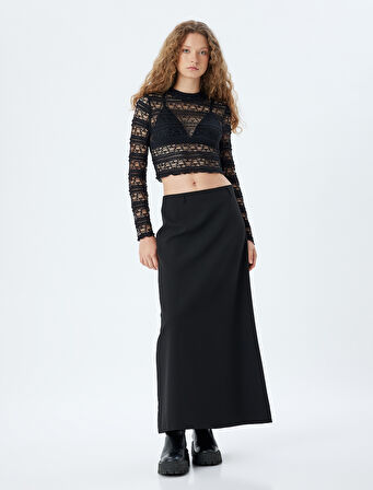Dantel Crop Bluz Dik Yaka Uzun Kollu Slim Fit