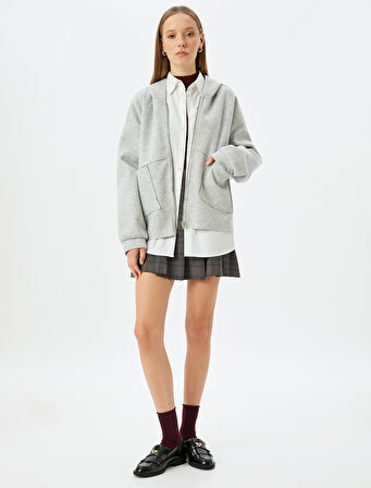 Oversize Fermuarlı Hırka Kapüşonlu Cep Detaylı