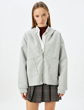 Oversize Fermuarlı Hırka Kapüşonlu Cep Detaylı