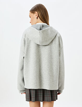 Oversize Fermuarlı Hırka Kapüşonlu Cep Detaylı