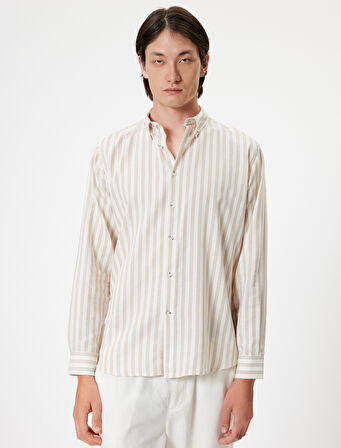 Slim Fit Gömlek Uzun Kollu Düğmeli Yaka Detaylı Pamuk Karışımlı