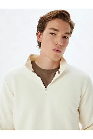 Yarım Fermuarlı Yaka Basic Şardonlu Pamuk Karışımlı Uzun Kollu Sweatshirt