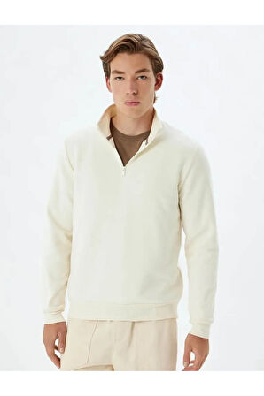 Yarım Fermuarlı Yaka Basic Şardonlu Pamuk Karışımlı Uzun Kollu Sweatshirt