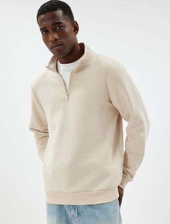 Yarım Fermuarlı Yaka Basic Şardonlu Pamuk Karışımlı Uzun Kollu Sweatshirt