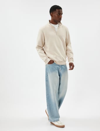 Yarım Fermuarlı Yaka Basic Şardonlu Pamuk Karışımlı Uzun Kollu Sweatshirt