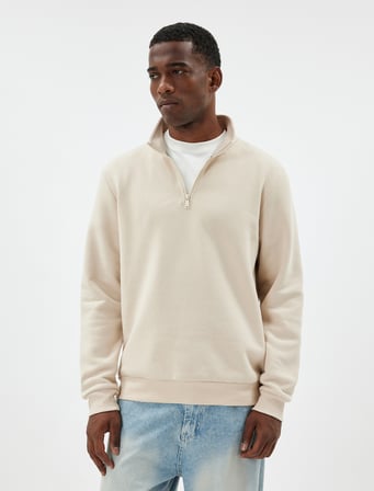 Yarım Fermuarlı Yaka Basic Şardonlu Pamuk Karışımlı Uzun Kollu Sweatshirt